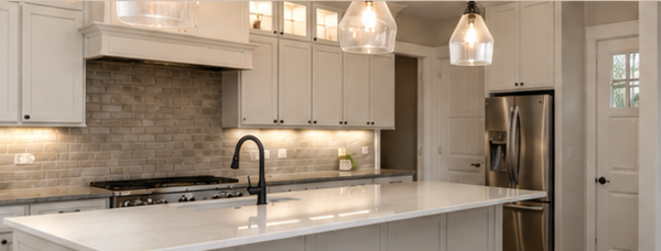 Modern white kitchen with island and pendant lights