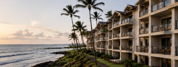 Oceanfront resort condos with palm trees at sunset